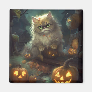 Halloween Persian Cat With Pumpkins Scary Magnet