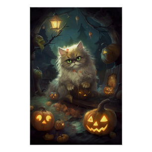 Halloween Persian Cat With Pumpkins Scary Poster