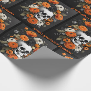 Halloween Personalise Name Gothic Skull & Flowers Wrapping Paper