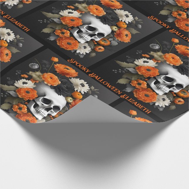 Halloween Personalise Name Gothic Skull & Flowers Wrapping Paper (Corner)