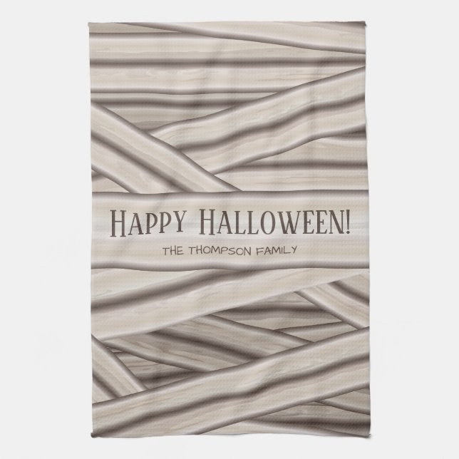 Halloween Personalised Family Name Mummy Stripes Tea Towel (Vertical)