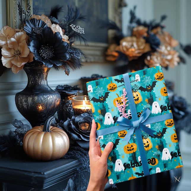 Halloween Personalised with Pumpkins and Ghosts Wrapping Paper (Creator Uploaded)