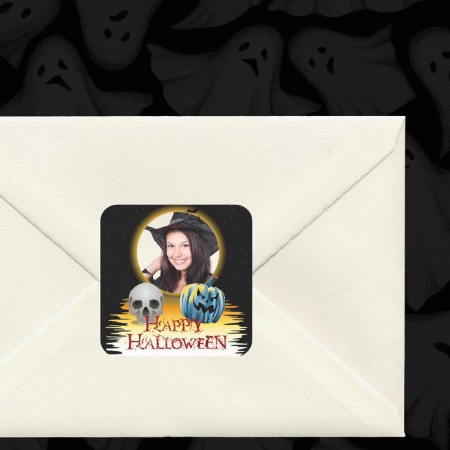 Halloween Photo Frame Skull and Jack o' Lantern Square Sticker (Halloween Photo Frame Skull and Jack o' Lantern Square Sticker)