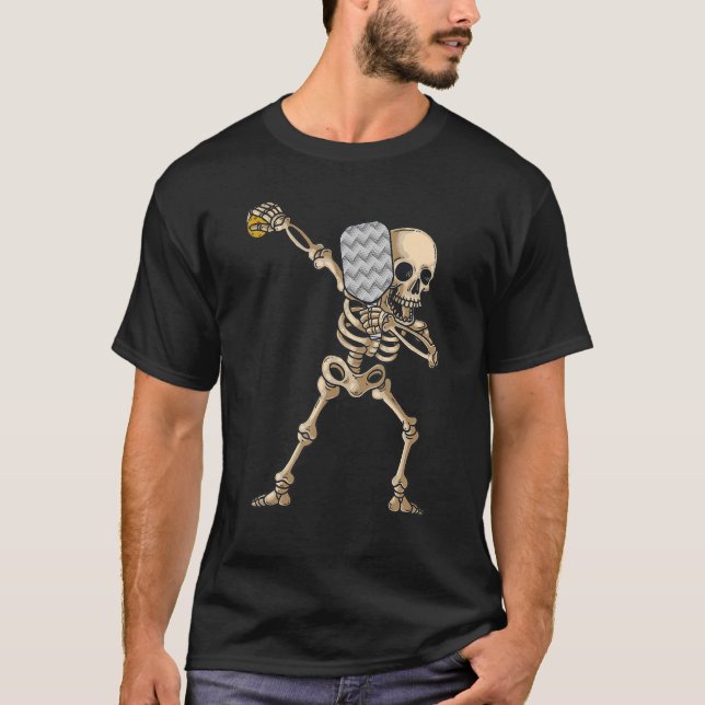 Halloween Pickleball Costume Dabbing Skeleton Pick T-Shirt (Front)