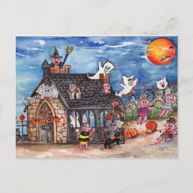 Halloween Pigs Trick or Treat, Ghosts watercolor Postcard (Front)