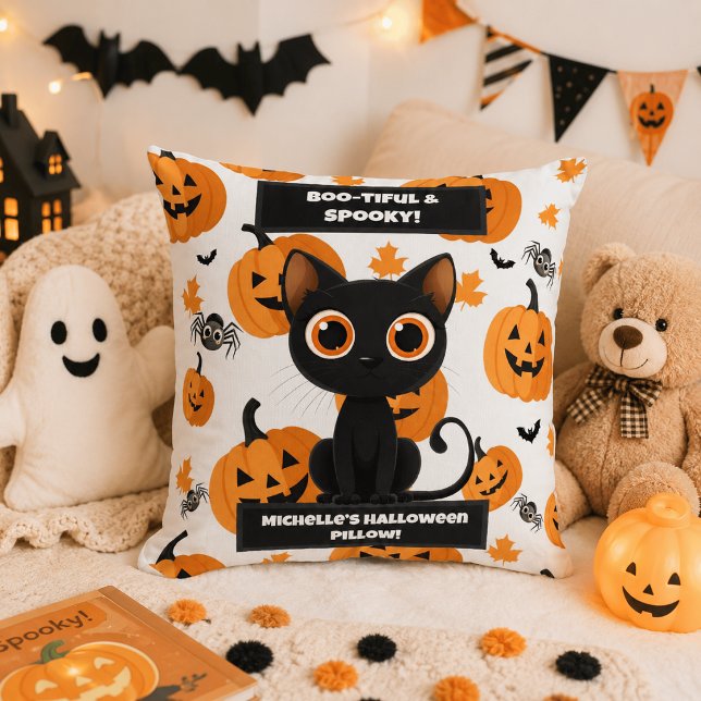Halloween Pillow – Boo-tiful Cat & Pumpkin Design (Creator Uploaded)