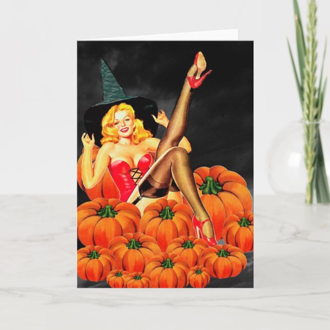 Halloween Pin-Up Girl on Pumpkins Card (Front)