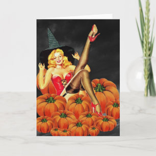 Halloween Pin-Up Girl on Pumpkins Card