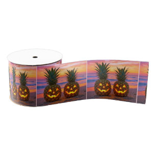 Halloween Pineapple Jack-o-lanterns On a Beach Grosgrain Ribbon