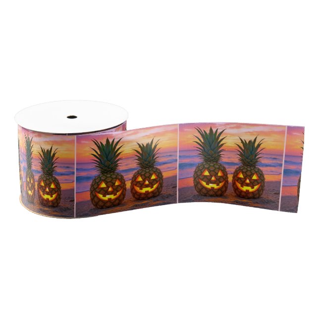 Halloween Pineapple Jack-o-lanterns On a Beach Grosgrain Ribbon (Spool)