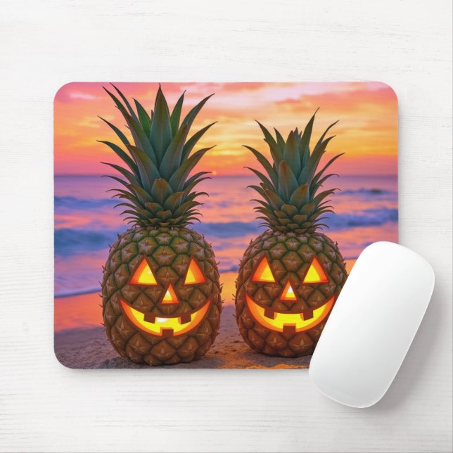 Halloween Pineapple Jack-o-lanterns On a Beach Mouse Mat (With Mouse)