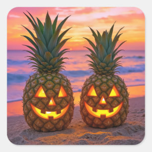 Halloween Pineapple Jack-o-lanterns On a Beach Square Sticker