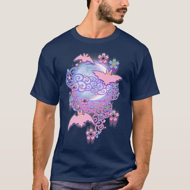 Halloween Pink Bats Blue Moon Pastel Goth Grunge T-Shirt (Front)