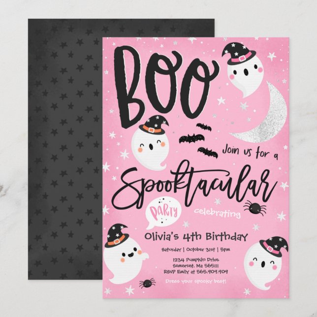 Halloween Pink Cute Ghost Birthday Spooktacular Invitation (Front/Back)