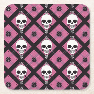 Halloween Pink Cute Scull Chequered Square Paper Coaster