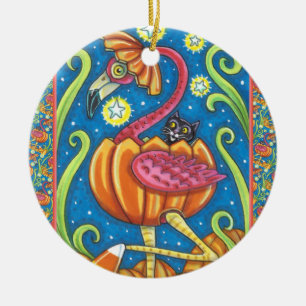 HALLOWEEN PINK FLAMINGO & BLACK CAT IN PUMPKIN CERAMIC TREE DECORATION