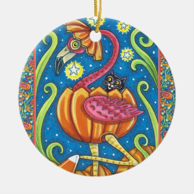 HALLOWEEN PINK FLAMINGO & BLACK CAT IN PUMPKIN CERAMIC TREE DECORATION (Front)