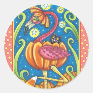 HALLOWEEN PINK FLAMINGO & BLACK CAT IN PUMPKIN CLASSIC ROUND STICKER