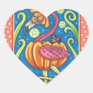 HALLOWEEN PINK FLAMINGO & BLACK CAT IN PUMPKIN HEART STICKER