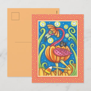 HALLOWEEN PINK FLAMINGO & BLACK CAT IN PUMPKIN HOLIDAY POSTCARD