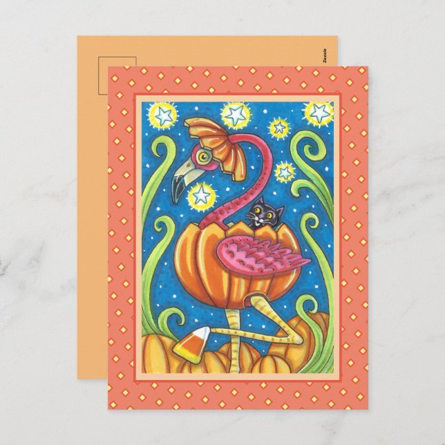 HALLOWEEN PINK FLAMINGO & BLACK CAT IN PUMPKIN HOLIDAY POSTCARD (Front/Back)