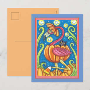 HALLOWEEN PINK FLAMINGO & BLACK CAT IN PUMPKIN HOLIDAY POSTCARD