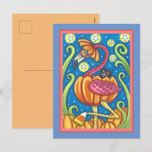 HALLOWEEN PINK FLAMINGO & BLACK CAT IN PUMPKIN HOLIDAY POSTCARD (Front/Back)