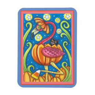 HALLOWEEN PINK FLAMINGO & BLACK CAT IN PUMPKIN MAGNET