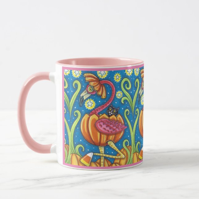 HALLOWEEN PINK FLAMINGO & BLACK CAT IN PUMPKIN MUG (Left)
