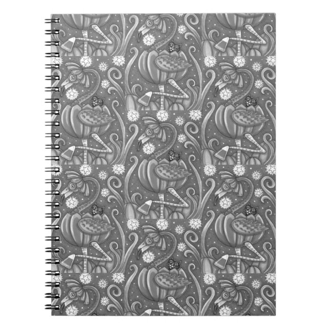 HALLOWEEN PINK FLAMINGO & BLACK CAT IN PUMPKIN, NOTEBOOK (Front)