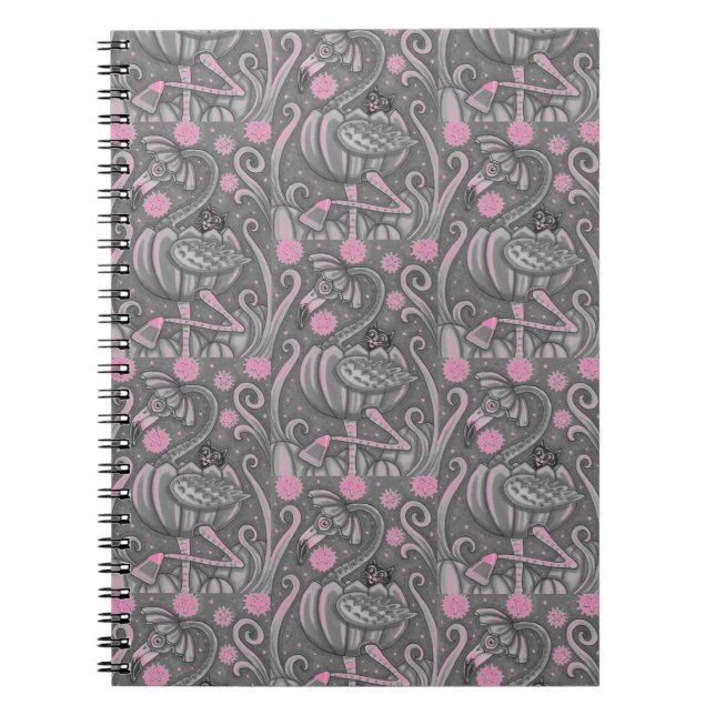 HALLOWEEN PINK FLAMINGO & BLACK CAT IN PUMPKIN, NOTEBOOK (Front)