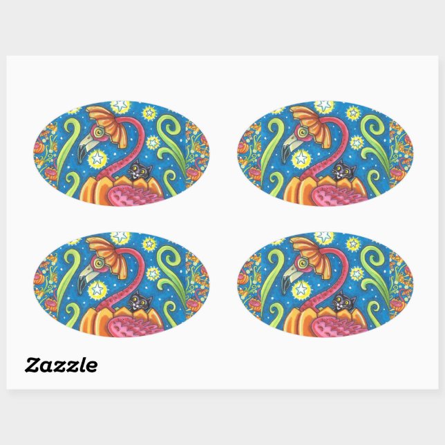 HALLOWEEN PINK FLAMINGO & BLACK CAT IN PUMPKIN OVAL STICKER (Sheet)