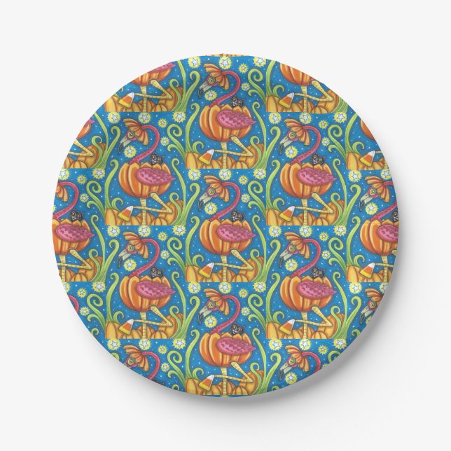 HALLOWEEN PINK FLAMINGO & BLACK CAT IN PUMPKIN PAPER PLATE (Front)