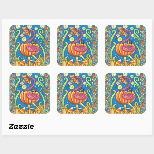 HALLOWEEN PINK FLAMINGO & BLACK CAT IN PUMPKIN SQUARE STICKER (Sheet)