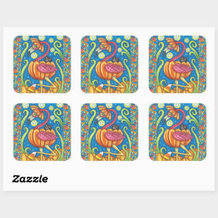 HALLOWEEN PINK FLAMINGO & BLACK CAT IN PUMPKIN SQUARE STICKER