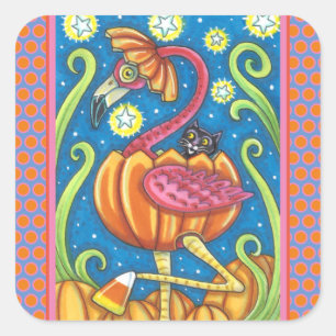 HALLOWEEN PINK FLAMINGO & BLACK CAT IN PUMPKIN SQUARE STICKER