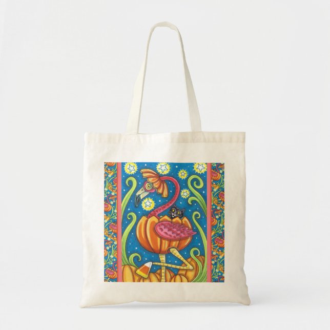 HALLOWEEN PINK FLAMINGO & BLACK CAT IN PUMPKIN TOTE BAG (Front)