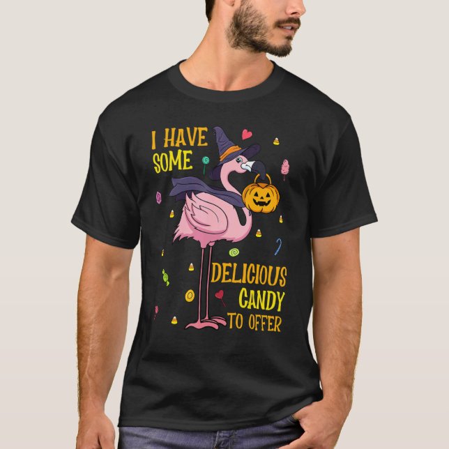 Halloween Pink Flamingo Witch Pumpkin Candy T-Shirt (Front)