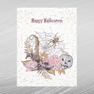 Halloween Pink Floral Pumpkin Spider Web Holiday Postcard