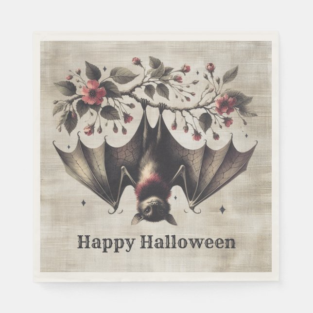 Halloween Pink Flowers Evil Bat Green Leaves Napkin (Front)