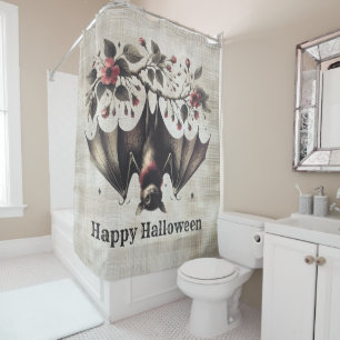 Halloween Pink Flowers Evil Bat Green Leaves Shower Curtain