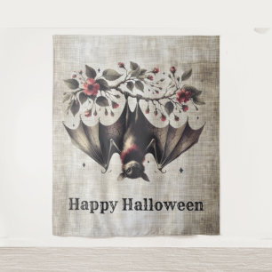Halloween Pink Flowers Evil Bat Green Leaves Tapestry
