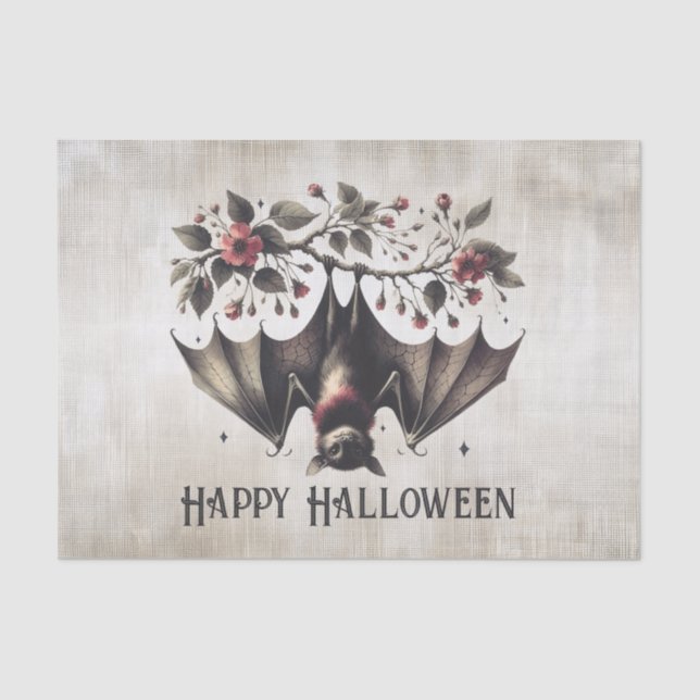 Halloween Pink Flowers Evil Bat Green Leaves Tissue Paper (Front)