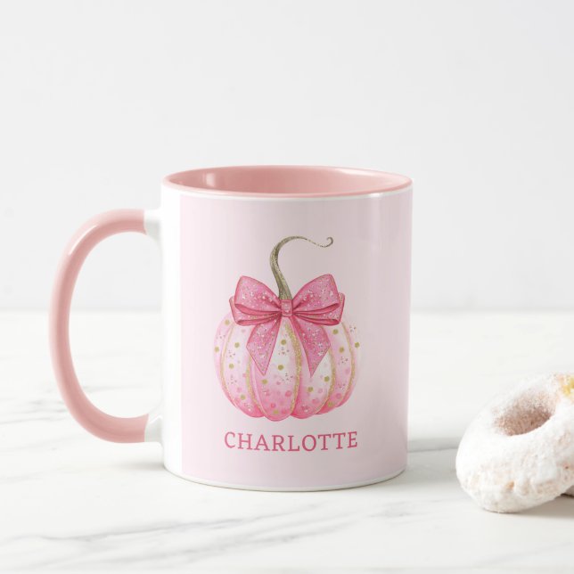 Halloween Pink Pumpkin Coquette Bow Personalised Mug (With Donut)