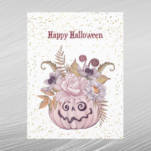 Halloween Pink Pumpkin Floral Holiday Postcard