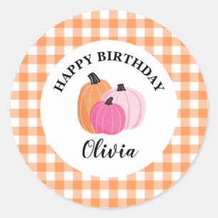 Halloween Pink Pumpkins Orange Plaid Birthday Classic Round Sticker