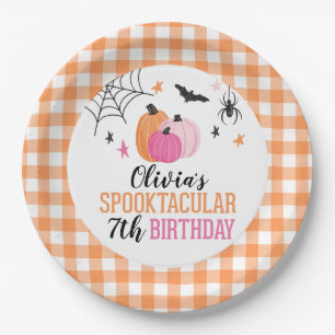 Halloween Pink Pumpkins Orange Plaid Birthday Pape Paper Plate