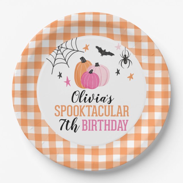 Halloween Pink Pumpkins Orange Plaid Birthday Pape Paper Plate (Front)