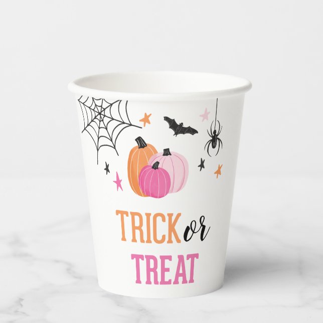 Halloween Pink Trick or Treat Pumpkins Spider Web Paper Cups (Front)