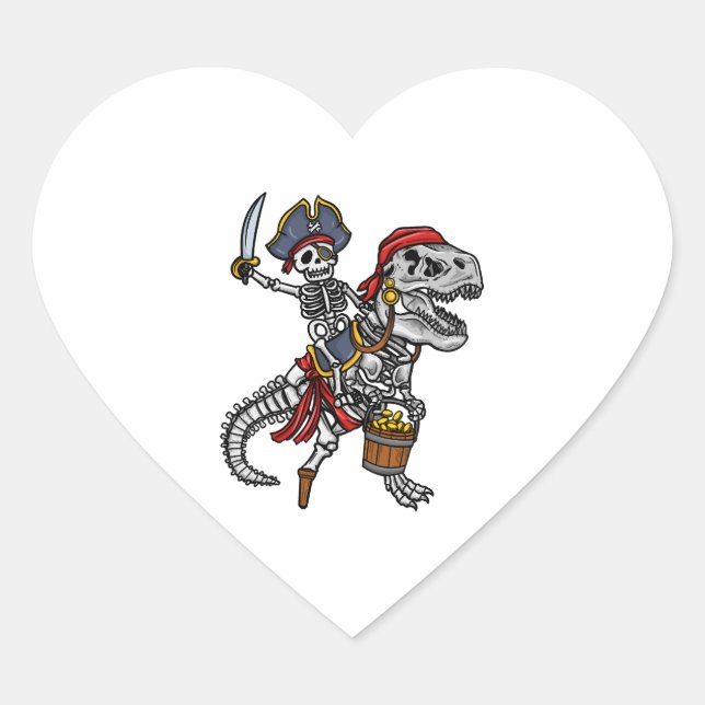 Halloween Pirate Dinosaur Skeleton Heart Sticker (Front)